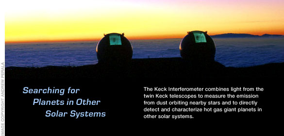Searching for Planets in Other Solar Systems. The Keck Interferometer combines the light from the twin Keck telescopes to detect extrasolar planets, characterize exozodiacal dust, and image protoplanetary disks at high resolution.