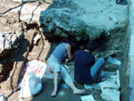 Two scientists working on exposed bones (seen to right) under the shade of the protective blue tarp