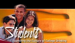 Students: Examining the Culture of College Drinking, 3 students on a background image of a hand