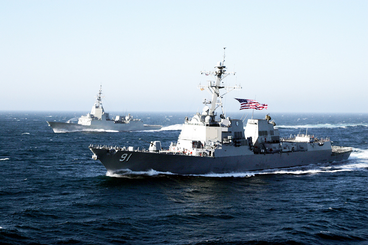 USS PINCKNEY (DDG 91) (foreground) and the Spanish Naval ship ALMIRANTE JUAN DE BORBON (F 102) 