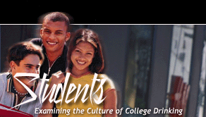 Students: Examining the Culture of College Drinking, 3 students on a background image of a city scene