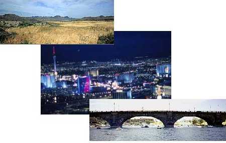 collage of field, city and river pictures
