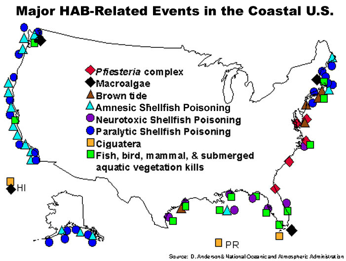 Map of major HAB-related events in the coastal U.S.