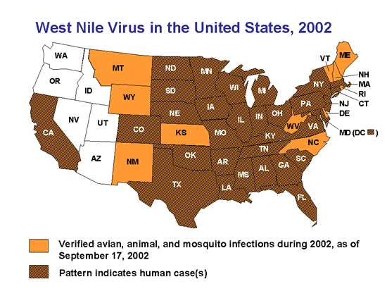 Map: West Nile Virus in the United States, 2002