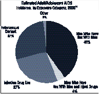 Pie chart-Estimated Adult/Adolescent AIDS Incidence, by Exposure Category, 2000: Men Who Have Sex With Men 40%; Men Who Have Sex With Men and Inject Drugs 4%; Injection Drug Use 27%; Heterosexual Contact 27%; Other 2%.