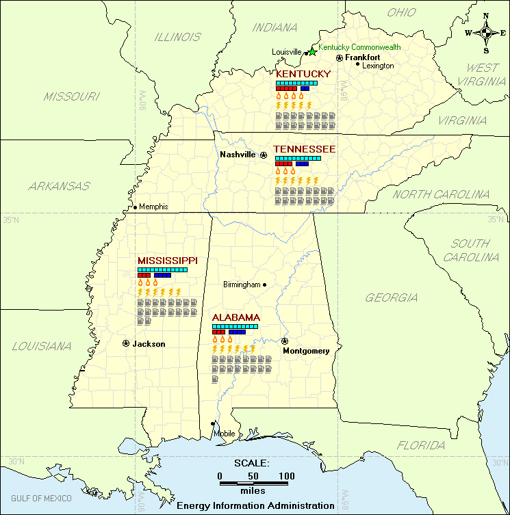 This Residential Energy Map of the East South Central U.S. Census Division displays household consumption of natural gas, fuel oil, electricity, and motor gasoline, as well as weather indicators (heating and cooling degree-days and precipitation) for Alabama, Kentucky, Mississippi, and Tennessee. If you have trouble reading this map, please call 1-202-586-8800.