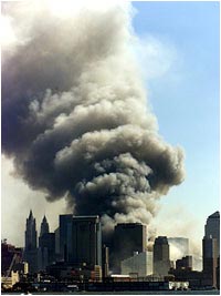 World Trade Center buildings burning.