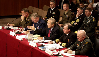 Defense Secretary Donald H. Rumsfeld answers questions from the Senate Armed Services Committee while in Washington D.C on Sept. 23, 2004. Secretary Rumsfeld was at the Hart Senate Office Building to give testimony on the Global Posture Review of U.S. military forces. Defense Dept. photo by U.S. Air Force Master Sgt. James M. Bowman