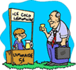 Image of a boy running a lemonade stand with a man sipping lemonade.