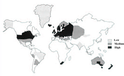 Este mapa presenta la distribucin mundial de la esclerosis mltiple.
