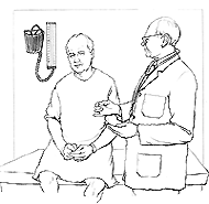 Un doctor y un paciente en una habitacin del examen.