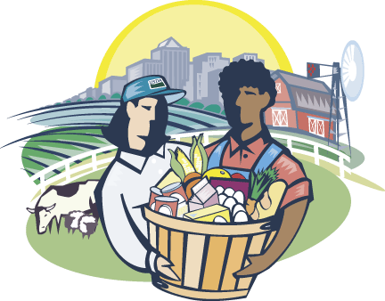Artwork depicting farm, cityscape, and two farmers holding a basket of produce and other commodities