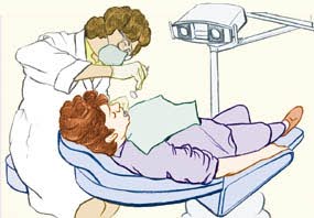 Illustration: Patient being examined by dentist
