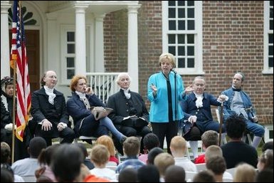 Lynne Cheney hosts Constitution Day 2004 "Telling Americas Story," with 200 third grade students from Fairfax County Public Schools at Gunston Hall Plantation, the historic home of George Mason, in Mason Neck, Va., Friday, Sept. 17, 2004. This year's Constitution Day highlights Founding Father George Mason, who did not sign the U.S. Constitution 217 years ago because it lacked a bill of rights. White House photo by Tina Hager.