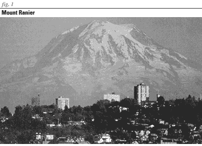 Fig 1: Snow-capped Mount Rainier rises behind Tacoma, Washington, Although Mount Rainier has not erupted in the past years, scientists consider it one of the most hazardous volcanoes in the Cascade Range.
