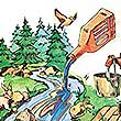 Link to Groundwater Basics. Icon shows pollutants being poured into a stream.