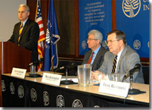 Ambassador Frank Ricciardone discussed the June 30 transition in Iraq, when the United States will cede formal sovereignty of the country back to Iraqis, at a Current Issues Briefing held May 19 at the Institute. Listening were Institute President Richard Solomon and LtGen. Mick Kicklighter.