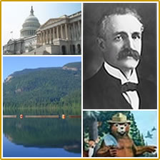 Centennial picture: A set of four pictures.  One of the Capitol building in Washington D.C., one of a lake on the Kootenai National Forest, one of Gifford Pichot and another of Smokey Bear