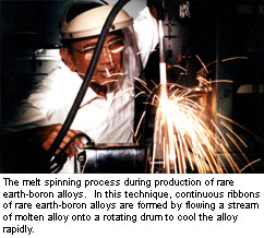 The melt spinning process during production of rare earth-boron alloys.  In this technique, continuous ribbons of rare earth-boron alloys are formed by flowing a stream of molten alloy onto a rotating drum to cool the alloy rapidly.