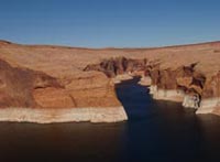 photo: Low water level at Lake Powell exposes bathtub ring on canyon walls