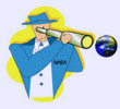 Cartoon character in zoot suit looking through a telescope at a small Earth globe. Click this image will take you to our most popular sites.