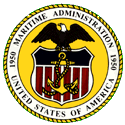 Maritime Administration Logo - a circle surrounded by a rope and the words, "Maritime Administration, 1950, United States of America". Within the circle is an eagle perched at top of a red, white and blue shield with an anchor