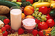 Photo, Soy milk and yogurt with fruits and vegetables. ARS Image Gallery number K9093-1