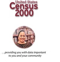 Photo of woman in a reference room with the caption "Census 2000, providing you with data important to you and your community"