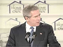 Foto del Presidente Bush hablando en la celebracin de la aprobacin de la Ley para el Pago Inicial del Sueo Americano