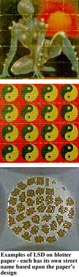 photos - examples of LSD on blotter paper - each has its own street name based upon the paper's design