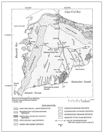 Surficial geology and lines of hydrogeolocgic sections, western Cape Cod, Massachusetts (Masterson and others, 1996)
