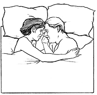 Woman and man in bed.