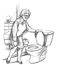 Older woman approaching a toilet.