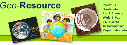 Geo-Resource. Header icon shows covers of 3 booklets produced by the USGS. Left book has a satellite photo of earth. Center is an illustration of a mother teaching 2 kids geography using a globe. Right is illustration of Earth's core.