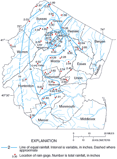 Figure 1. Map showing location of 41 rain gages in Northern New Jersey
