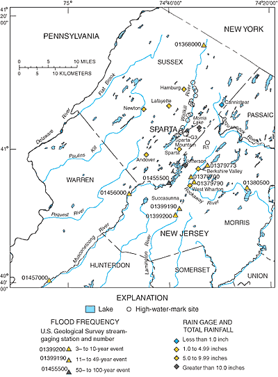 Figure 2. Map showing high-water-mark sites, flood frequency at U.S. Geological Survey gaging stations experiencing a flood event with a recurrence interval greater than 2 years, and total rainfall at rain gages within a 10-mile radius of Sparta, N.J.
