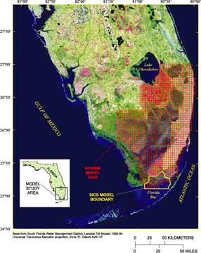 map showing location of the South Florida Water Management Model grid (southern florida) and the outline of the Souther Inland Coastal Systems model boundary (southern tip of florida)