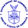Blue Department of Commerce Logo of eagle with spread wings standing above shield with ship of commerce above a lighthouse standing on rocks