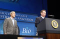 Secretary Tommy G. Thompson introduces President George W. Bush at the 10th Anniversary BIO conventon at the Washington Convention Center. HHS Photo Chris Smith.