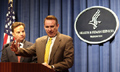 Secretary Tommy G. Thompson and FDA Commissioner Mark B. McClellan answer questions at the press conference announcing issuance of a consumer alert on the safety of dietary supplements containing ephedra. HHS photo by Chris Smith