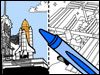 Drawing of space shuttle, coloring page, and crayon