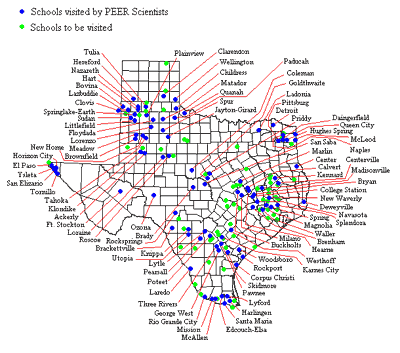 Image of a map of Texas showing schools which PEER scientists have visited and plan to visit
