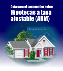 Gua para el consumidor sobre hipotecas a tasa ajustable (ARM). Illustracin de una casa con grfico de la tasa de inters en el fondo.