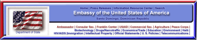 Navigation banner of Embassy of the United States of America in Santo Domingo, Dominican Republic with U.S. Flag
