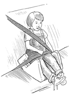 Illustration of belt positioning booster seat with lap and shoulder belt across child