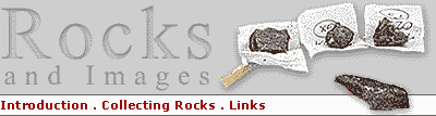 Rocks and Images: Header shows 3 rocks lying on white papers. A separate rock lies on a horizontal, white graphical bar. Click to link to Introducation, Collecting Rocks, and Links.