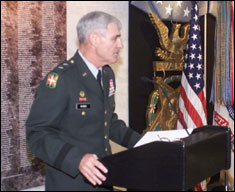 Maj. Gen. Donald Ryder addresses the crowd at a ceremony in the Pentagon Hall of Heroes establishing him as the Army's Provost Marshal General.