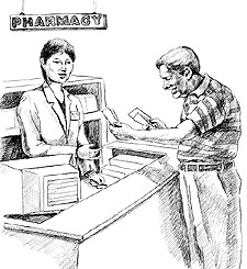 Patient receiving medicine from a pharmacist.