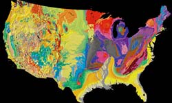 Geologic Map of United States. A geologic map uses a combination of lines, symbols, and colors to show the composition and structure of earth materials and their distribution across and beneath the Earth's surface. They generally show bedrock formations like granite or limestone, surficial units such as sediment deposited by glaciers or rivers, and structures like folds and faults. Geologic maps can be used to identify geologic hazards, locate natural resources, and facilitate land-use planning. 