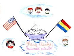 Drawing of bowl of food between U.S. and Moldovan flags; drawings of five children surround the grouping, with the words "Many Thanks" written in English and their language.
